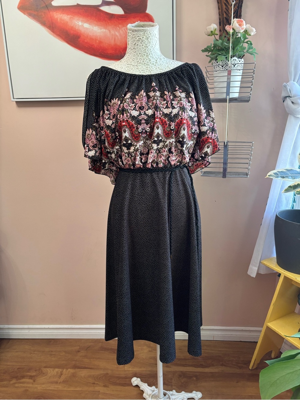 Vintage Black Midi Dress with Pink and Red Floral Yoke Capelet